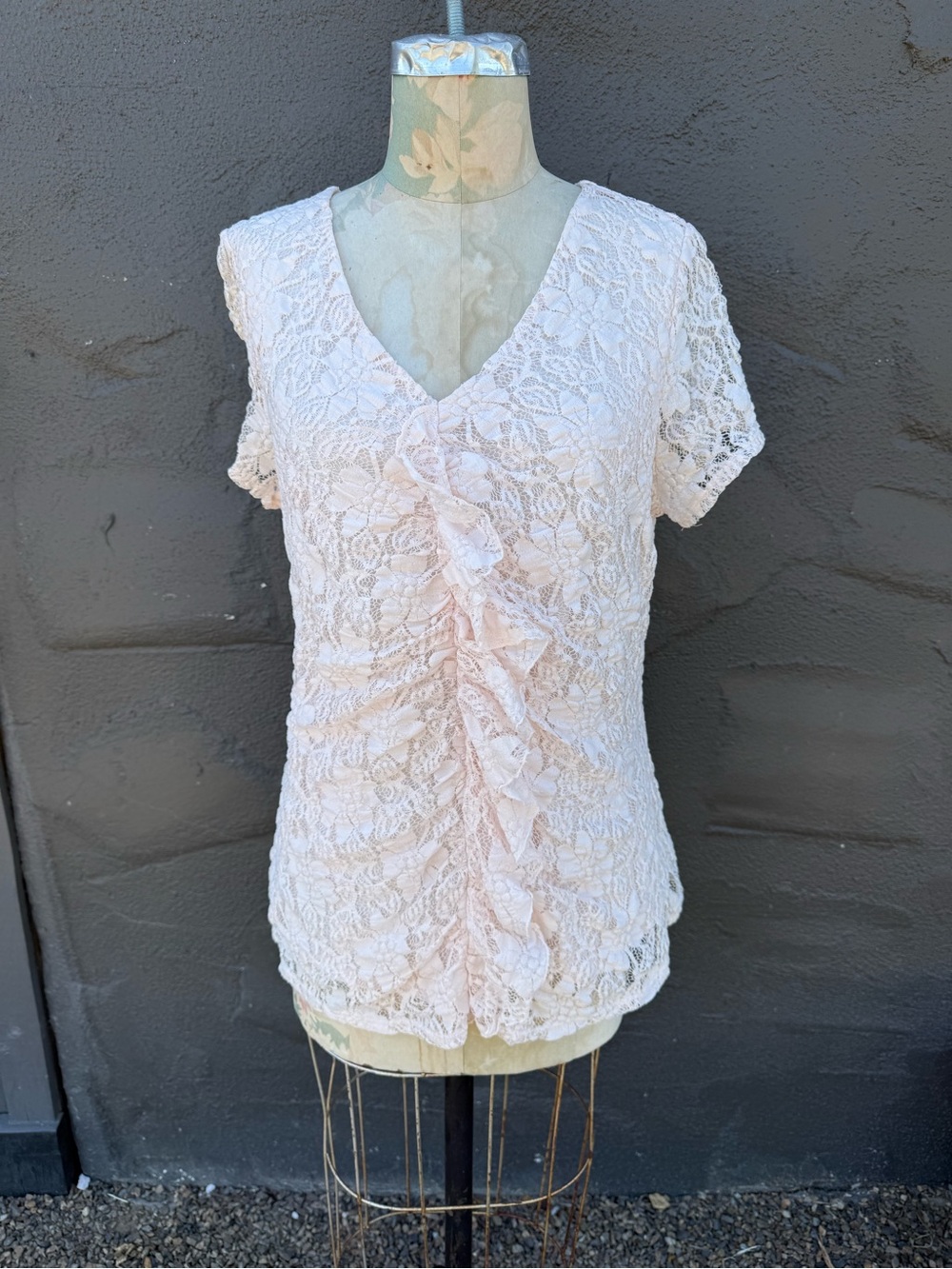Alfani Pale Pink Lace Ruffle V-Neck Blouse